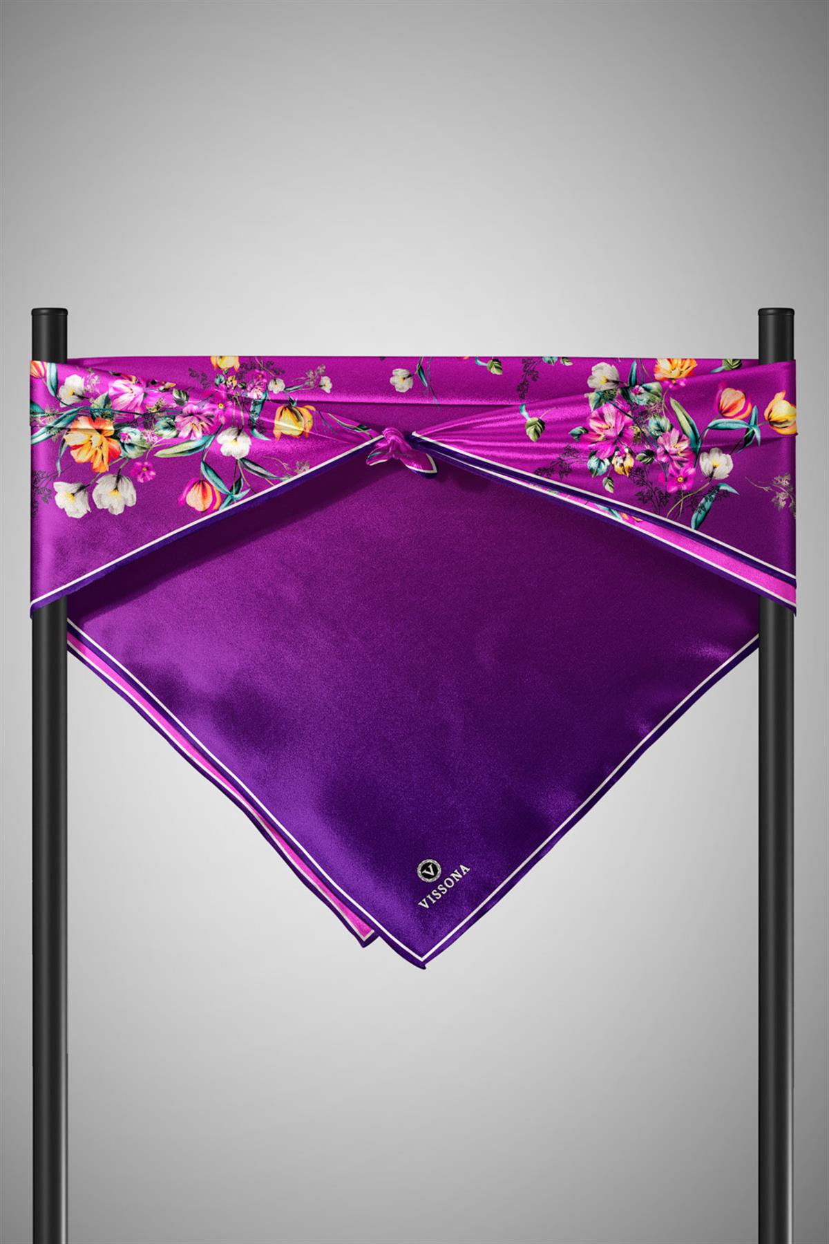 %100 Twill İpek Sonsuz Çiçek Desenli Mürdüm Renkli 90x90 Eşarp Dikim Şekli : El Dikişi