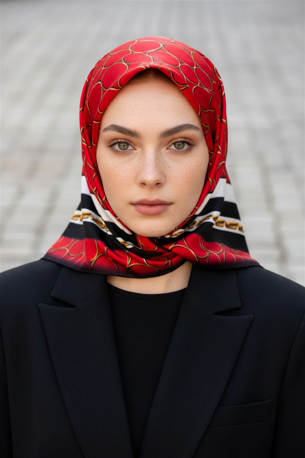 %100 Twill İpek Zincir Desenli Kırmızı - Siyah Renkli 90x90 Eşarp Kenar Dikiş Şekli El Dikişli