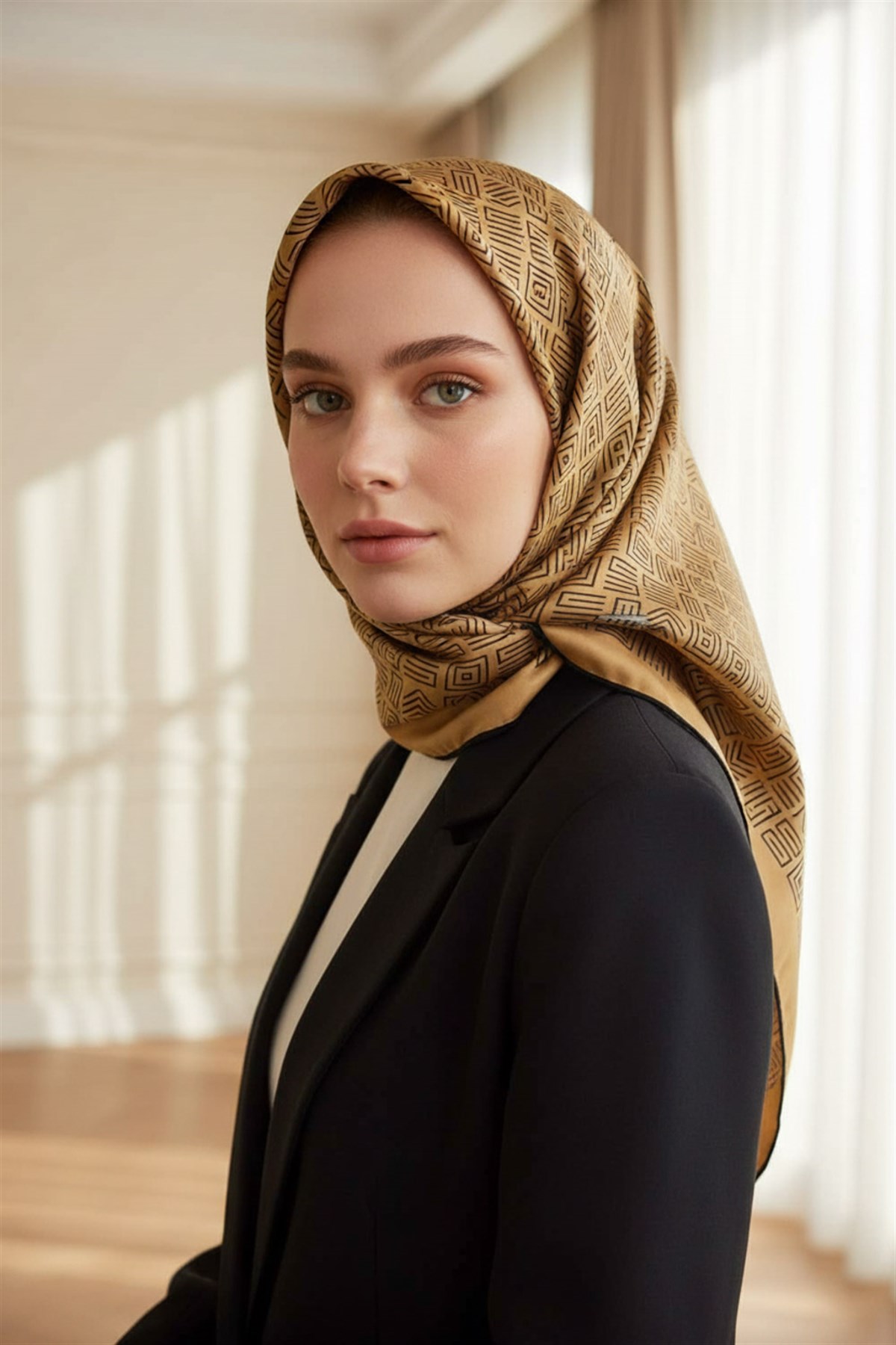 100% Twill İpek Etnik Motif Desenli Gold - Siyah Renkli 90x90 Dikim Şekli : El Dikişi Eşarp