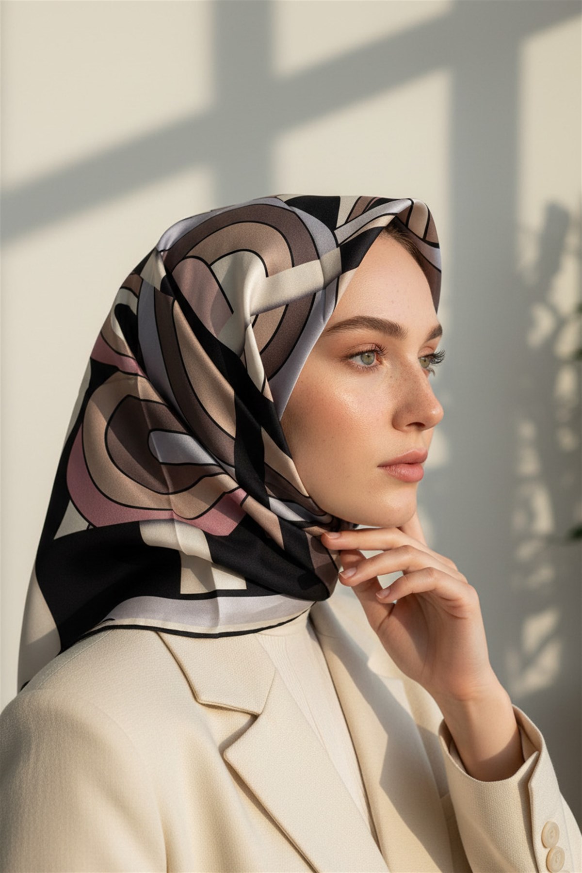 % 57 İPEK % 43 VİSKON Twill İpek Geometrik Desenli Gri - Pudra Renkli 90x90 Dikim Şekli : El Dikişi Eşarp
