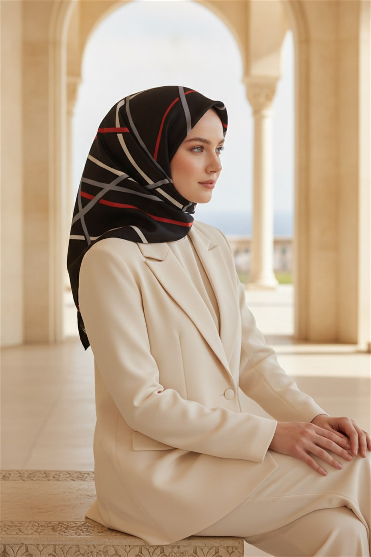 %100 Twill İpek Çizgili Desenli Siyah - Kırmızı Renkli 90x90 Eşarp Dikim Şekli : El Dikişi