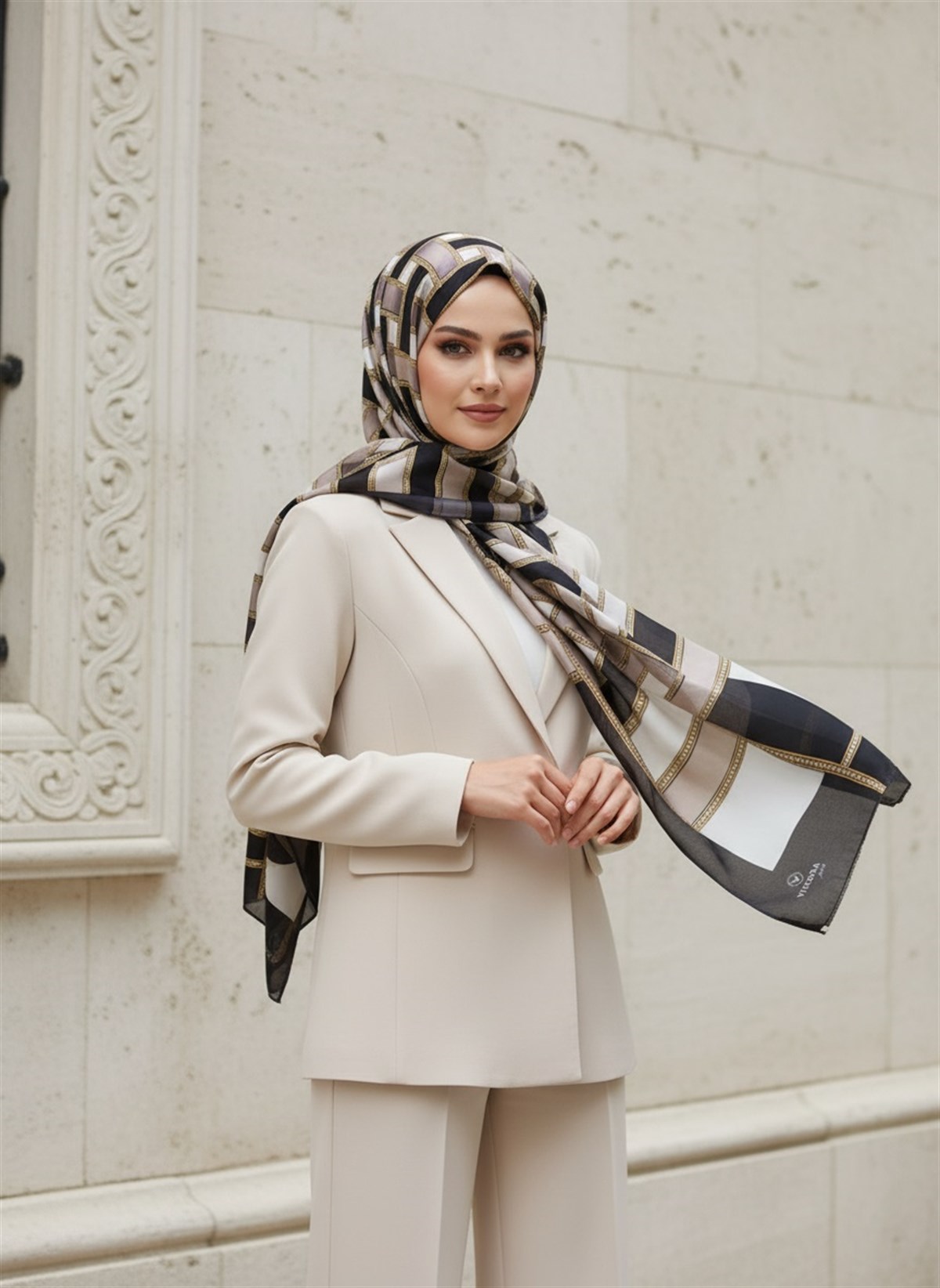%100 Saf İpek Şal İnce Saten Vual Dokuma Kemer Desenli Siyah - Vizon Renkli 90x210 Şal