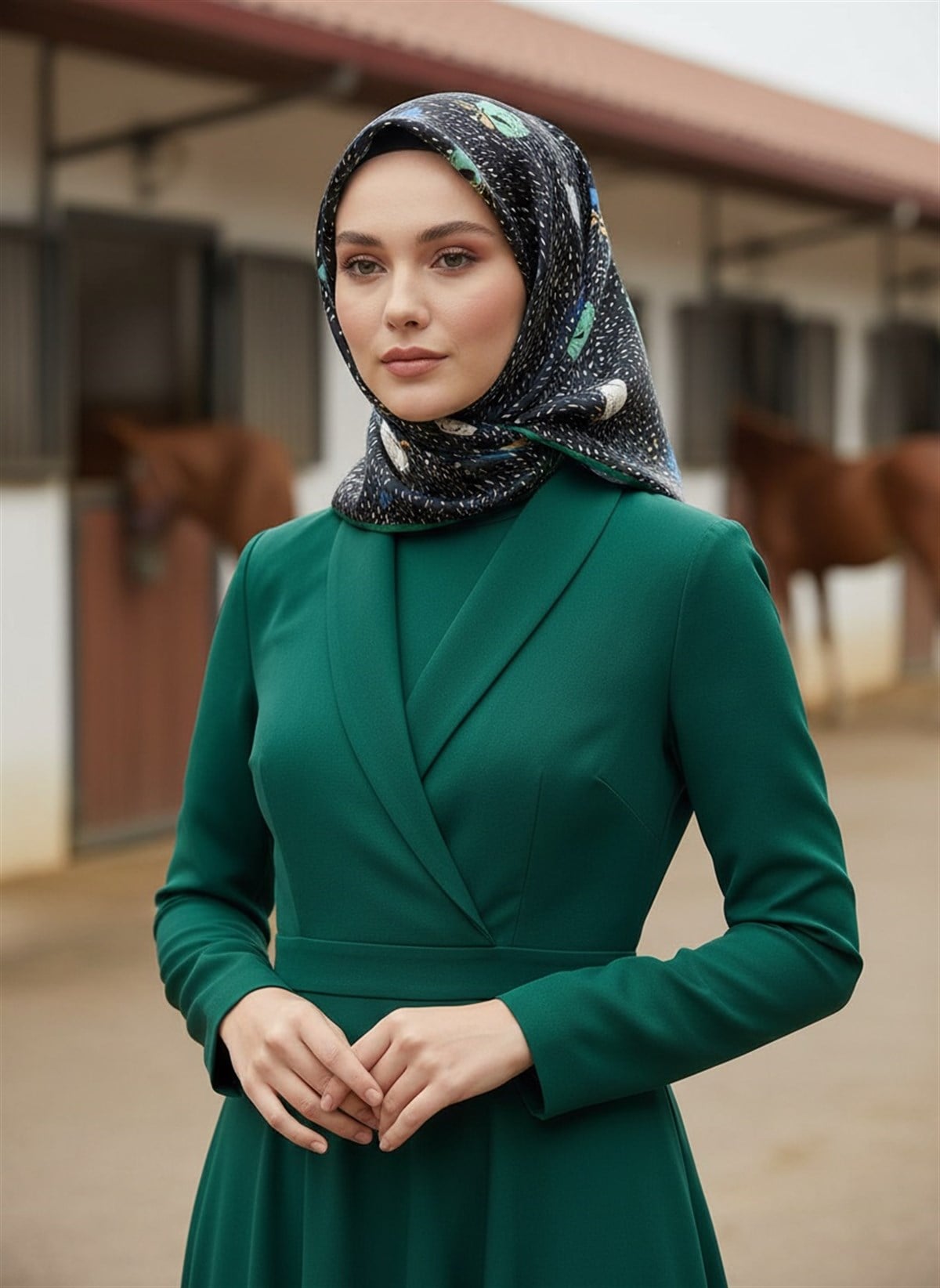 %100 Twill İpek Çıtır Çiçek Desenli Zümrüt Yeşili - Saks Renkli 90x90 Eşarp Dikim Şekli : El Dikişi