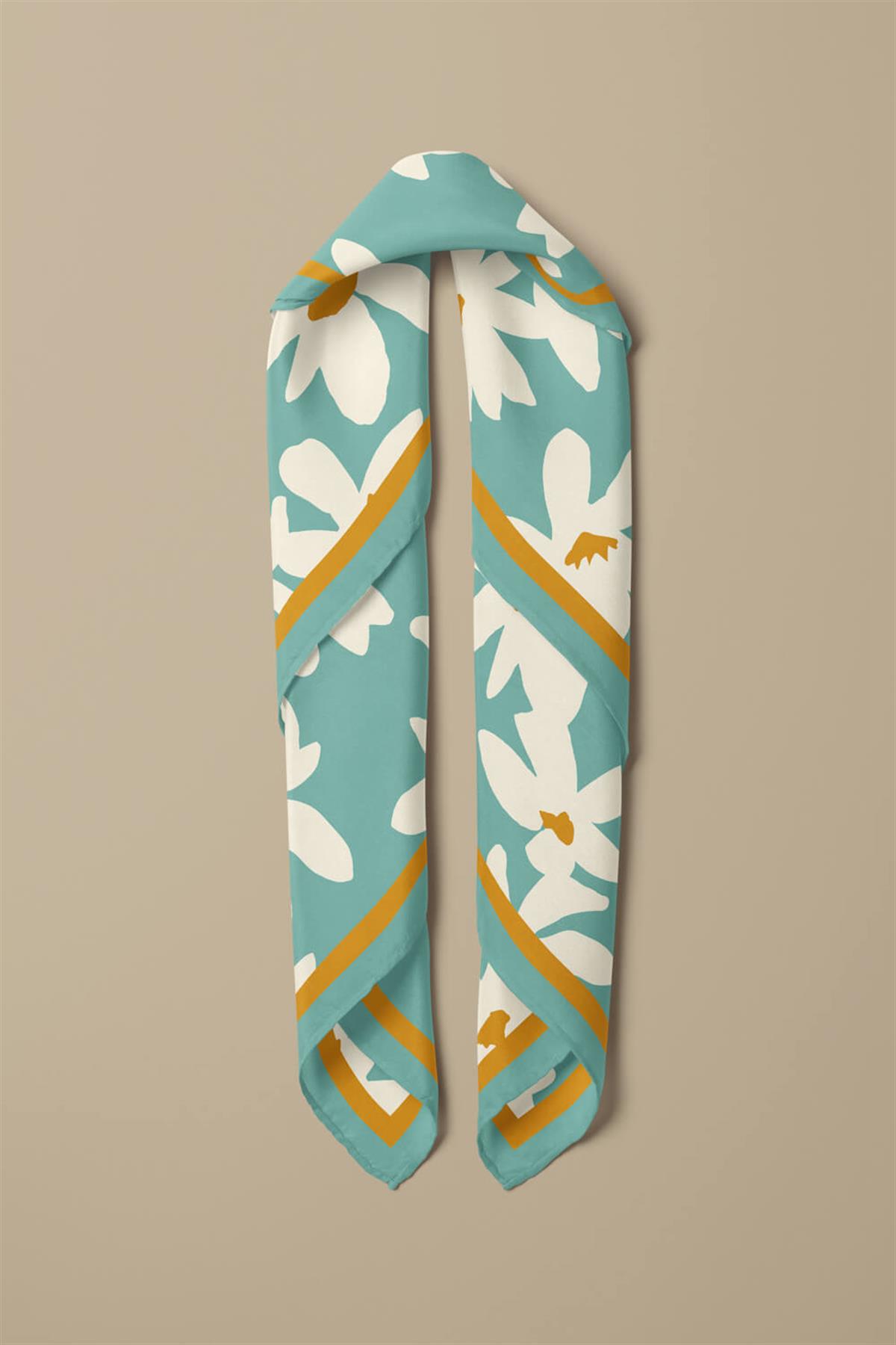 Vissona Papatya Desenli %100 İpek Bandana 55x55