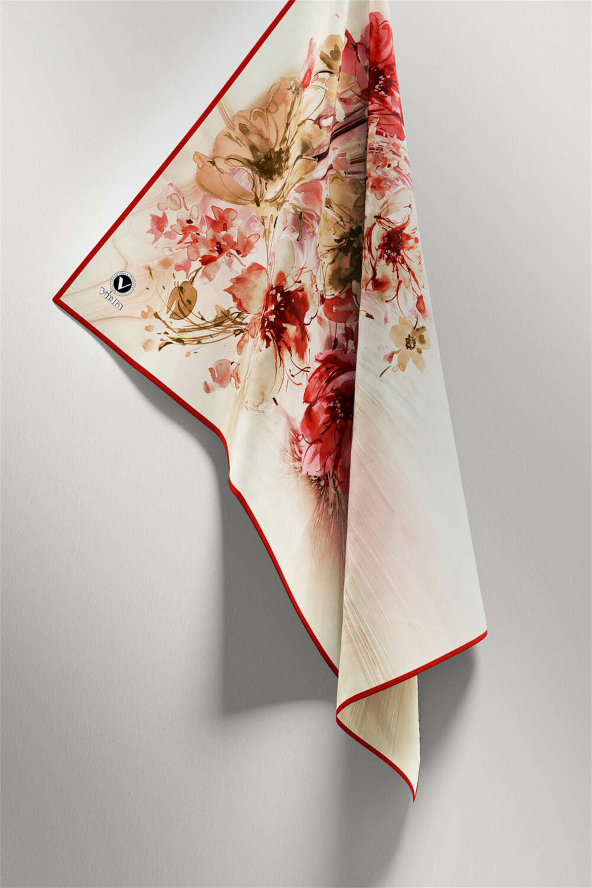 Twill Çiçek Desenli Bordo Renkli 90x90 Eşarp (İpek İçermez) Kenar Dikiş Şekli El Dikişli