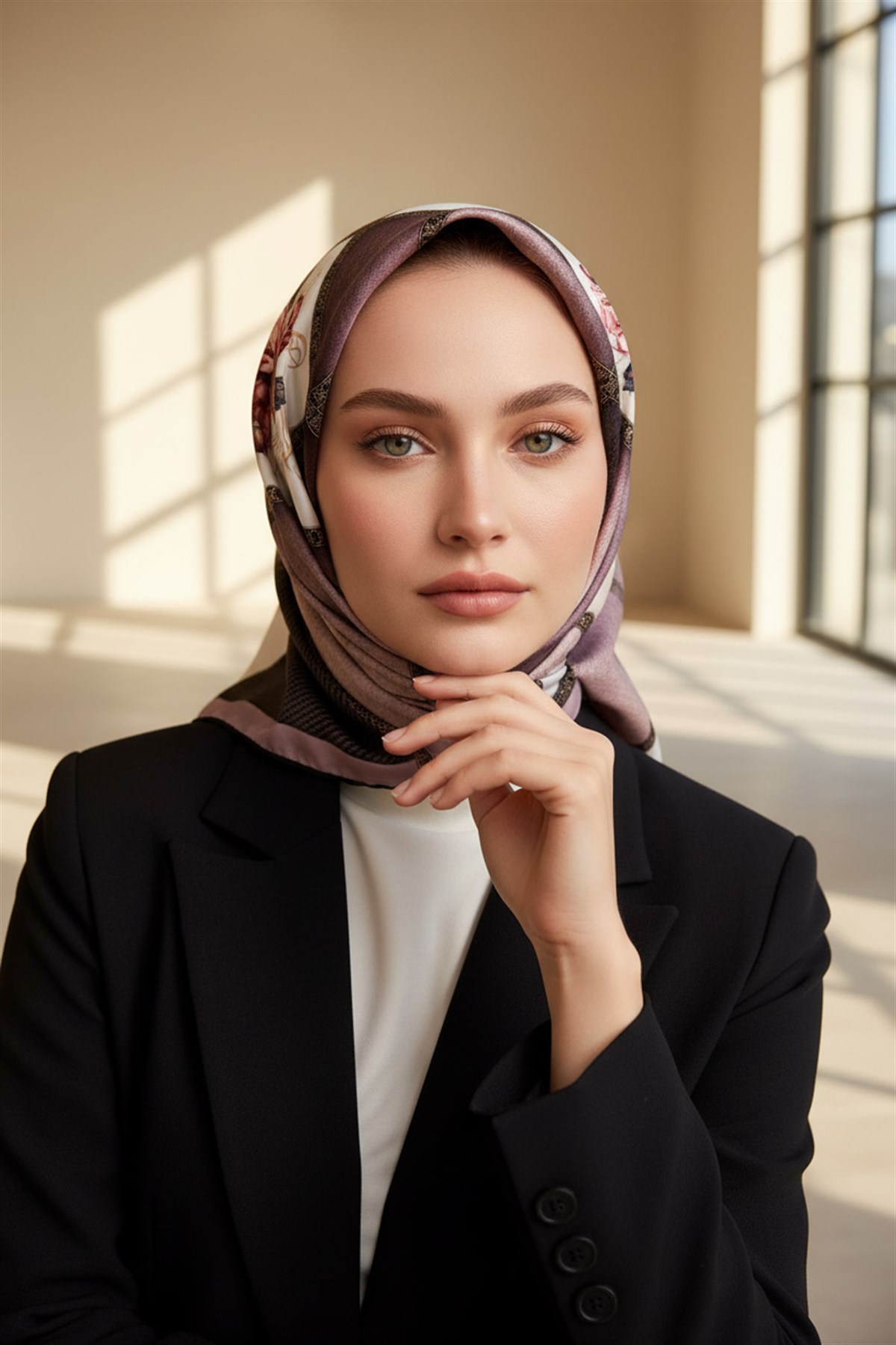 %100 Twill İpek Dokulu Çiçekli Ve Geometrik Desenli Pudra - Bej Renkli 90x90 Eşarp Dikim Şekli : El Dikişi