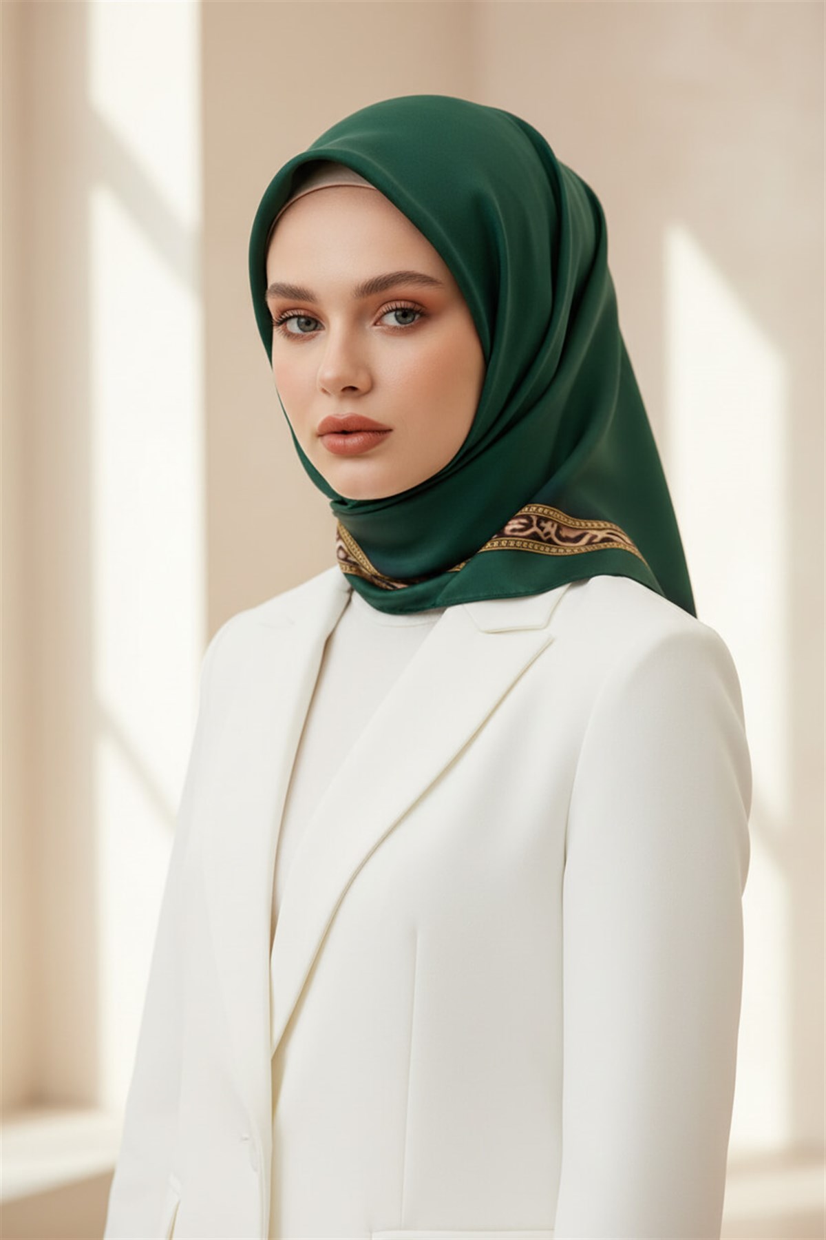 %100 Twill İpek Bordürü Leoparlı Düz Desenli Zümrüt Yeşili - Gold Renkli 90x90 Eşarp Dikim Şekli : El Dikişi