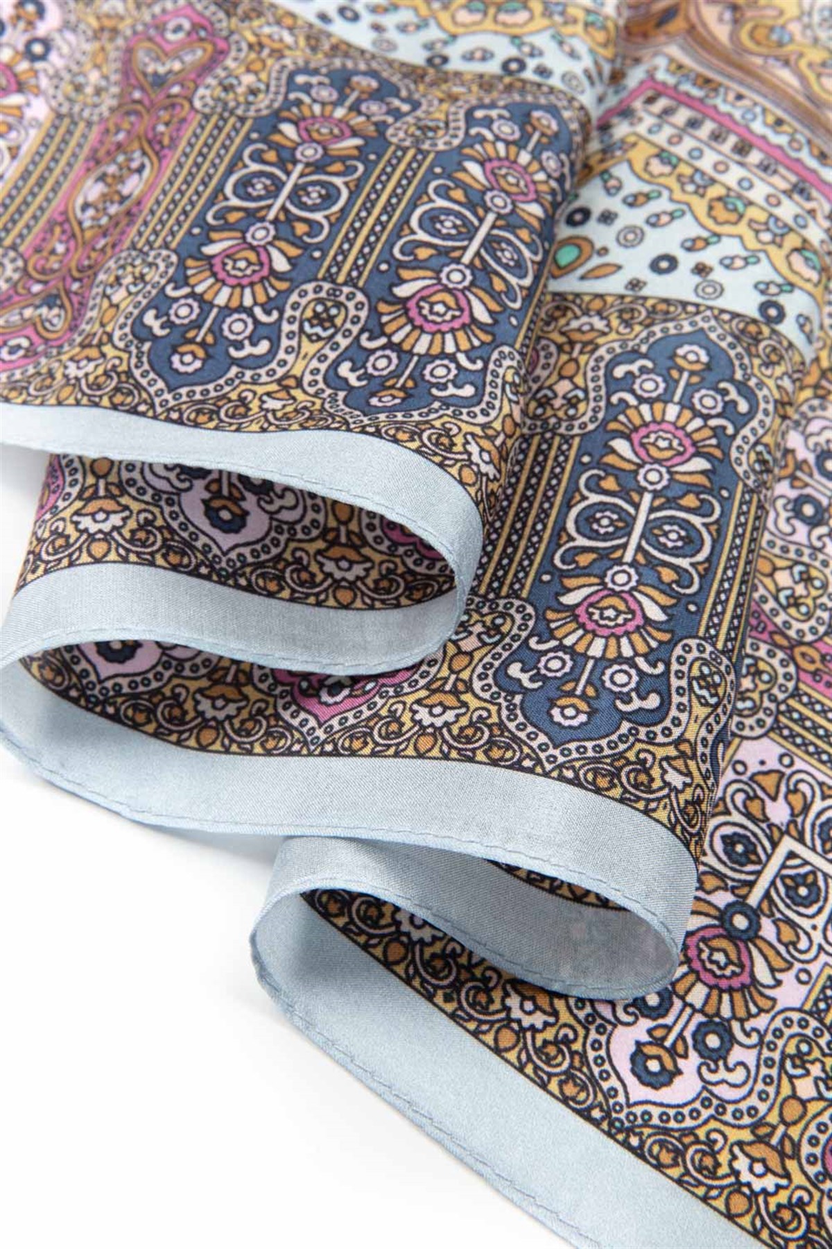 100% İpek Etnik Desenli Bebe Mavisi - Pudra Renkli 92x210 Şal