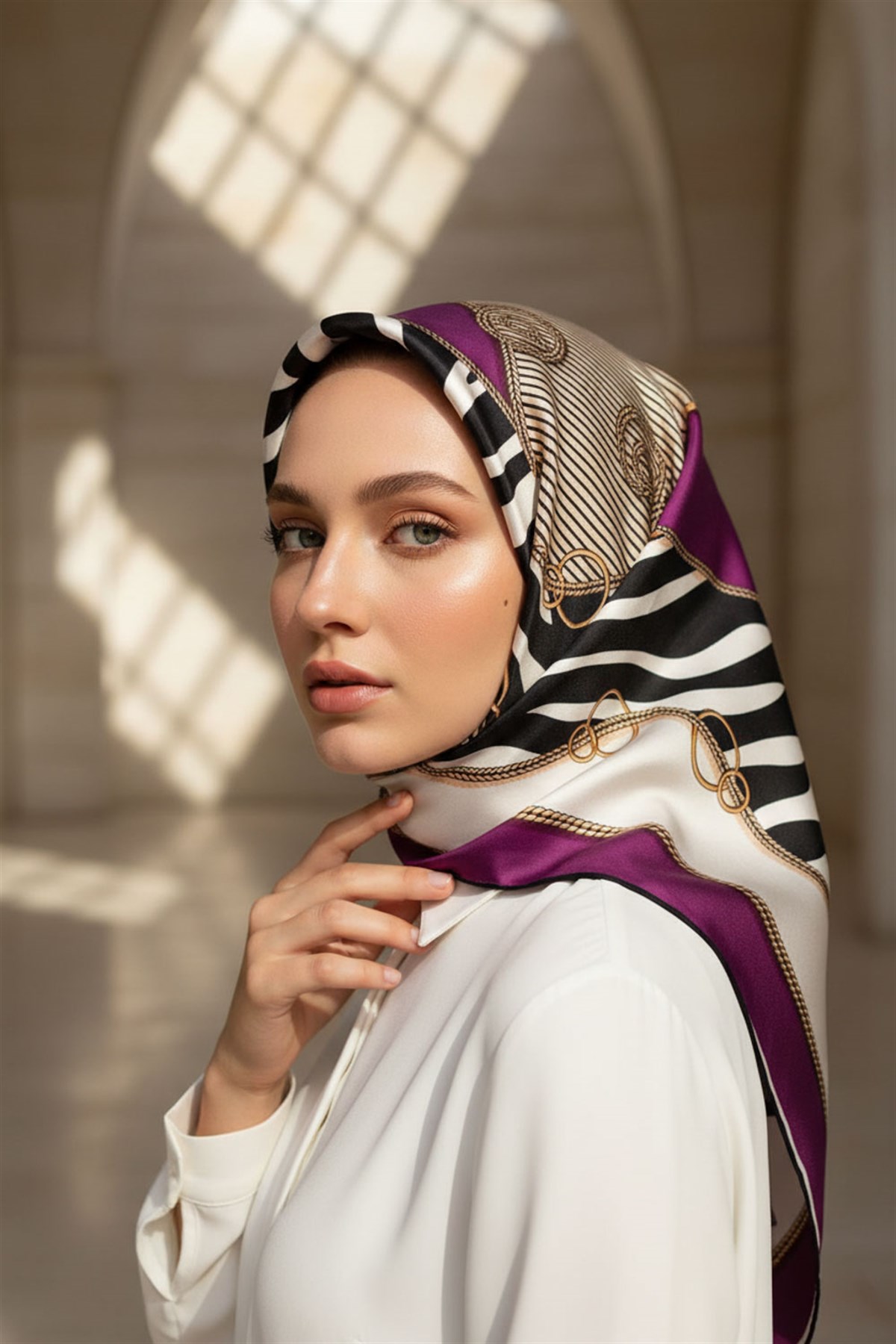 %100 Twill İpek Zincirli Ve Zebra Desenli Mürdüm - Bej Renkli 90x90 Eşarp Dikim Şekli : El Dikişi