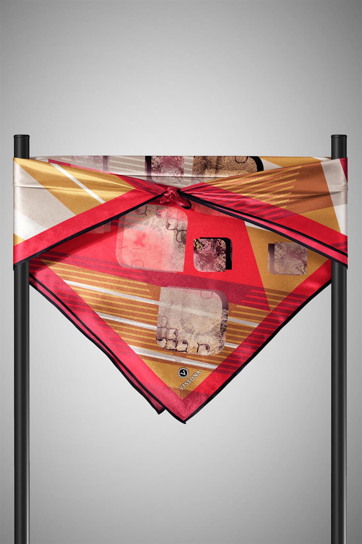 %100 Twill İpek Geometrik Desenli Bordo Renkli 90x90 Eşarp Dikim Şekli : El Dikişi