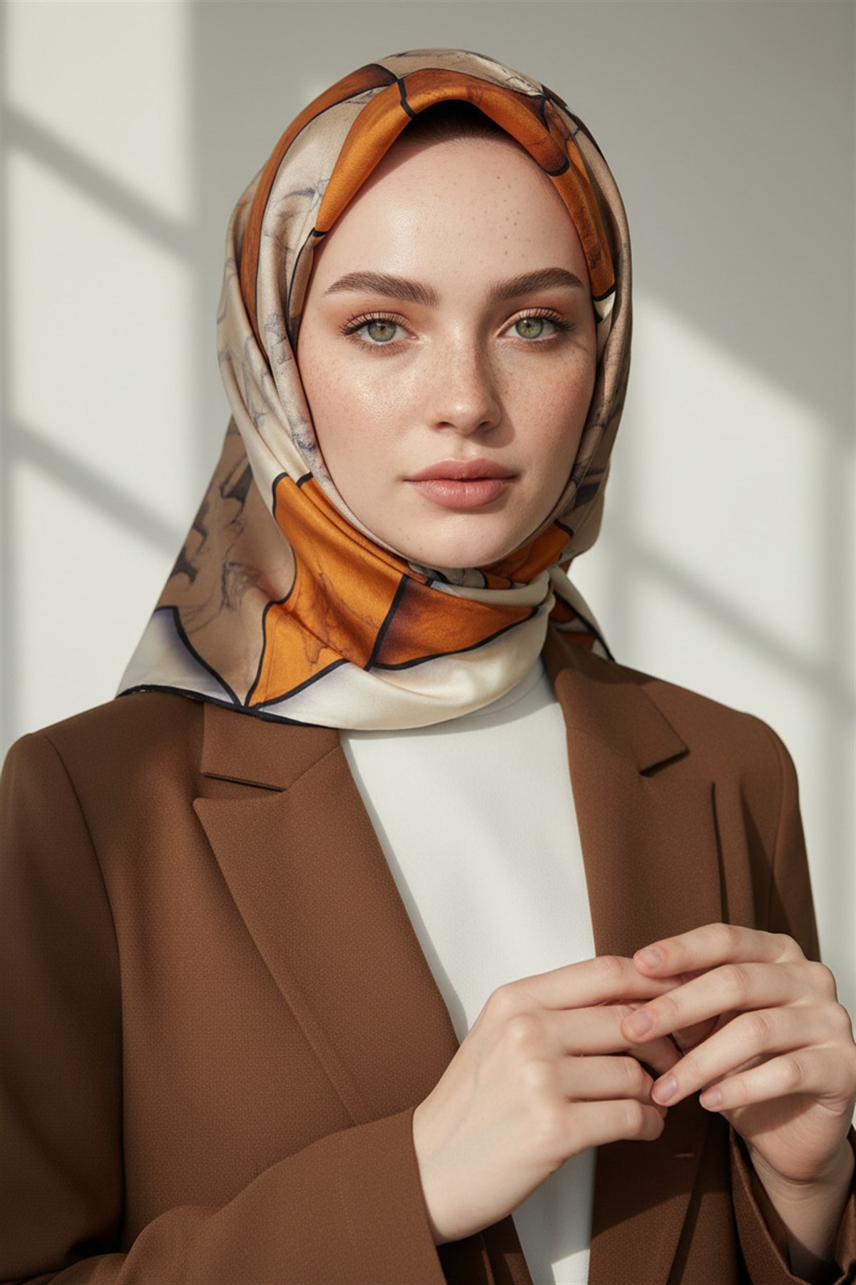 %100 Twill İpek Mermer Desenli Taba - Bej Renkli 90x90 Eşarp Dikim Şekli : El Dikişi