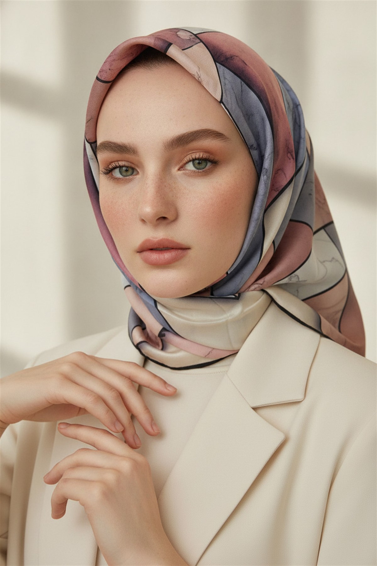 %100 Twill İpek Mermer Desenli Pudra - Bebe Mavisi Renkli 90x90 Eşarp Dikim Şekli : El Dikişi