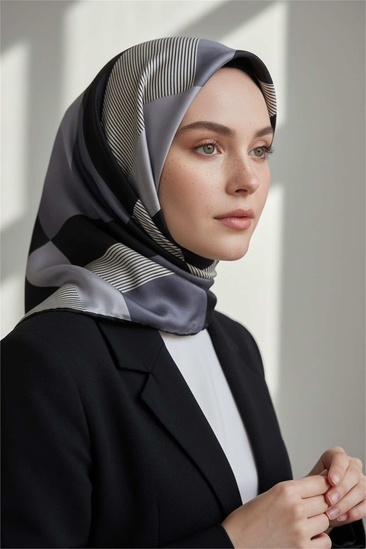 %100 Twill İpek Eşarp 90x90 Siyah Gri Geometrik Çizgi Desenli El Dikişli Kadın Eşarp