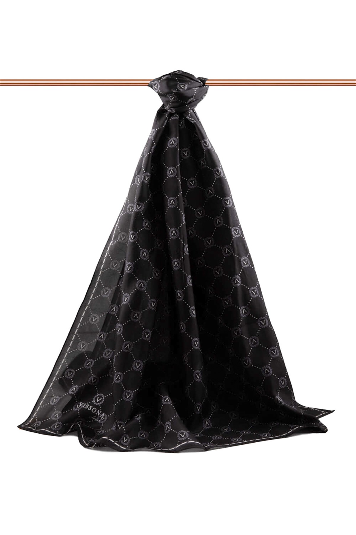 % 100 İpek V Logo Desenli Siyah - Krem Renkli 90x210 Şal