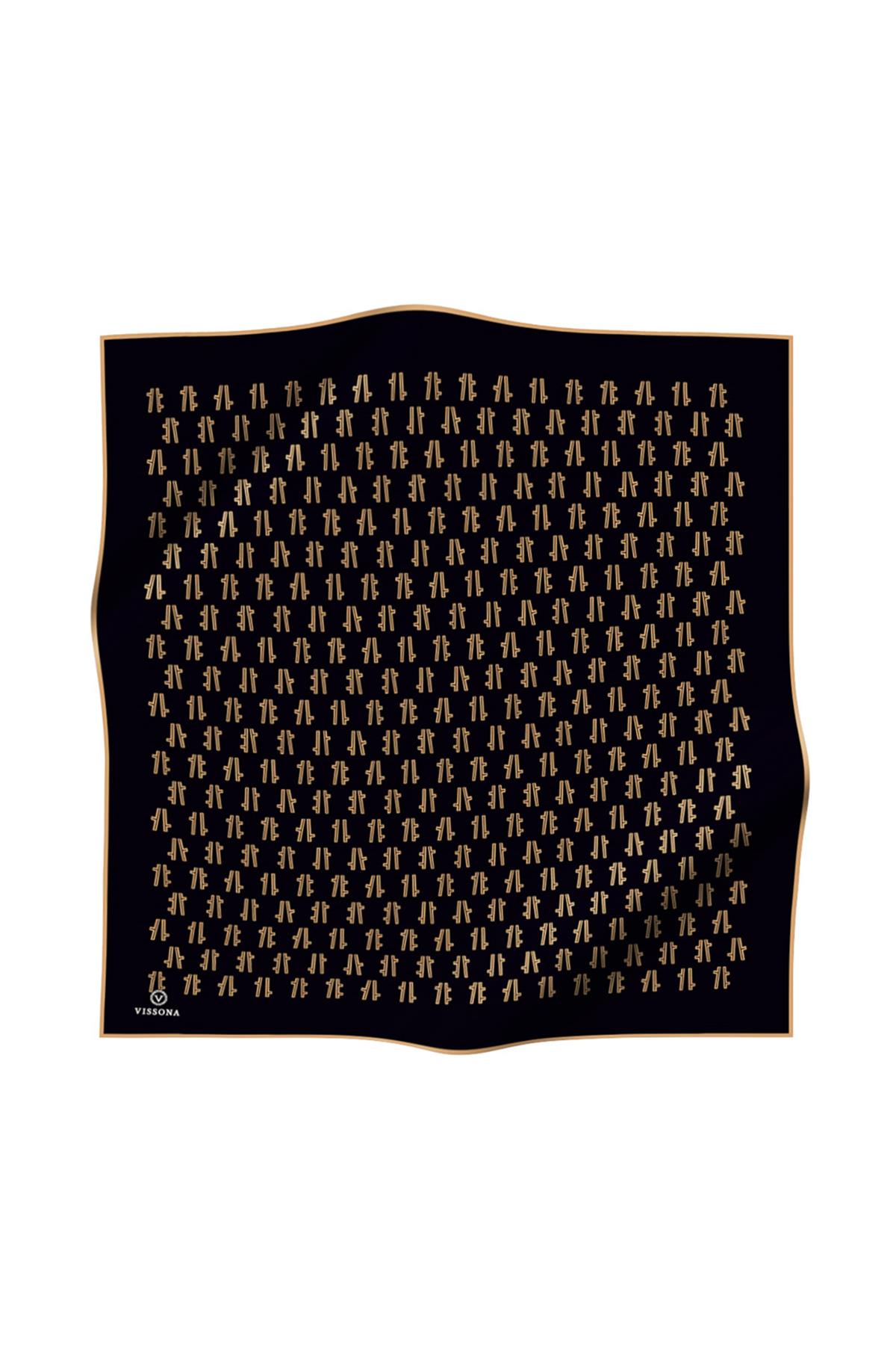%100 Twill İpek Geometrik Desenli Siyah - Gold Renkli 90x90 Eşarp Dikim Şekli : El Dikişi