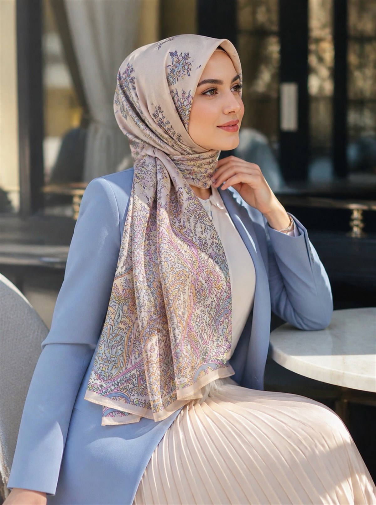 %100 Saf İpek Şal İnce Saten Vual Dokuma Etnik Desenli Somon Renkli 90x210 Şal