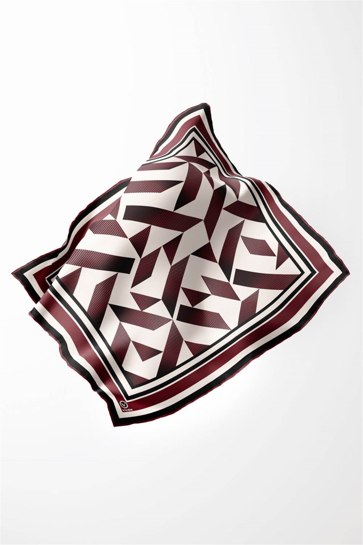 Twill Geometrik Desenli Şarabi Renkli 90x90 Eşarp (İpek İçermez) Kenar Dikiş Şekli El Dikişli