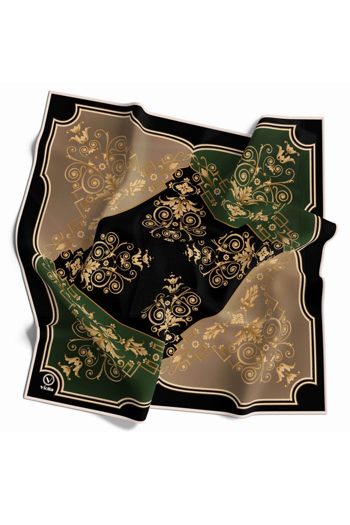 Twill Gold Desenli Zümrüt Yeşili Renkli 90x90 Eşarp (İpek İçermez) Kenar Dikiş Şekli El Dikişli