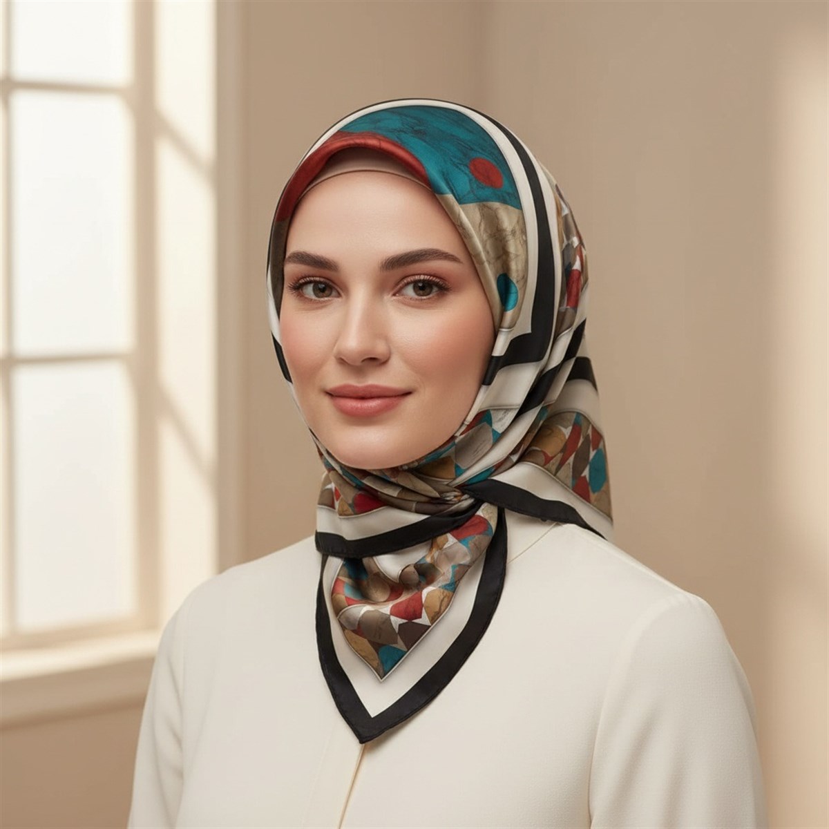 Twill Geometrik Mermer Desenli Petrol Yeşili Renkli 90x90 Eşarp (İpek İçermez) Kenar Dikiş Şekli El Dikişli