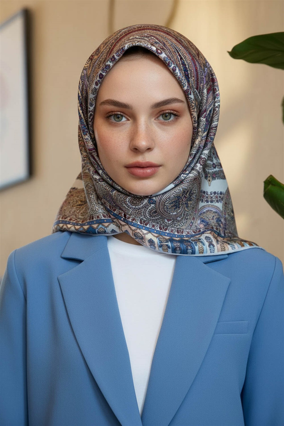 %100 Twill İpek Etro Desenli Gri - Somon Renkli 90x90 Eşarp Dikim Şekli : El Dikişi