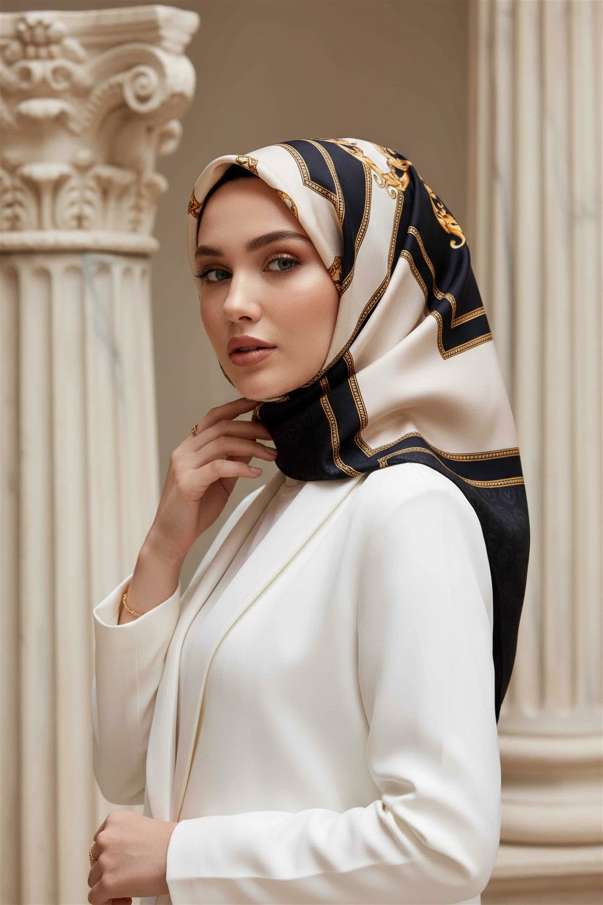 %100 Twill İpek Monogram ve Barok Desenli Siyah - Krem Renkli 90x90 Eşarp Dikim Şekli : El Dikişi