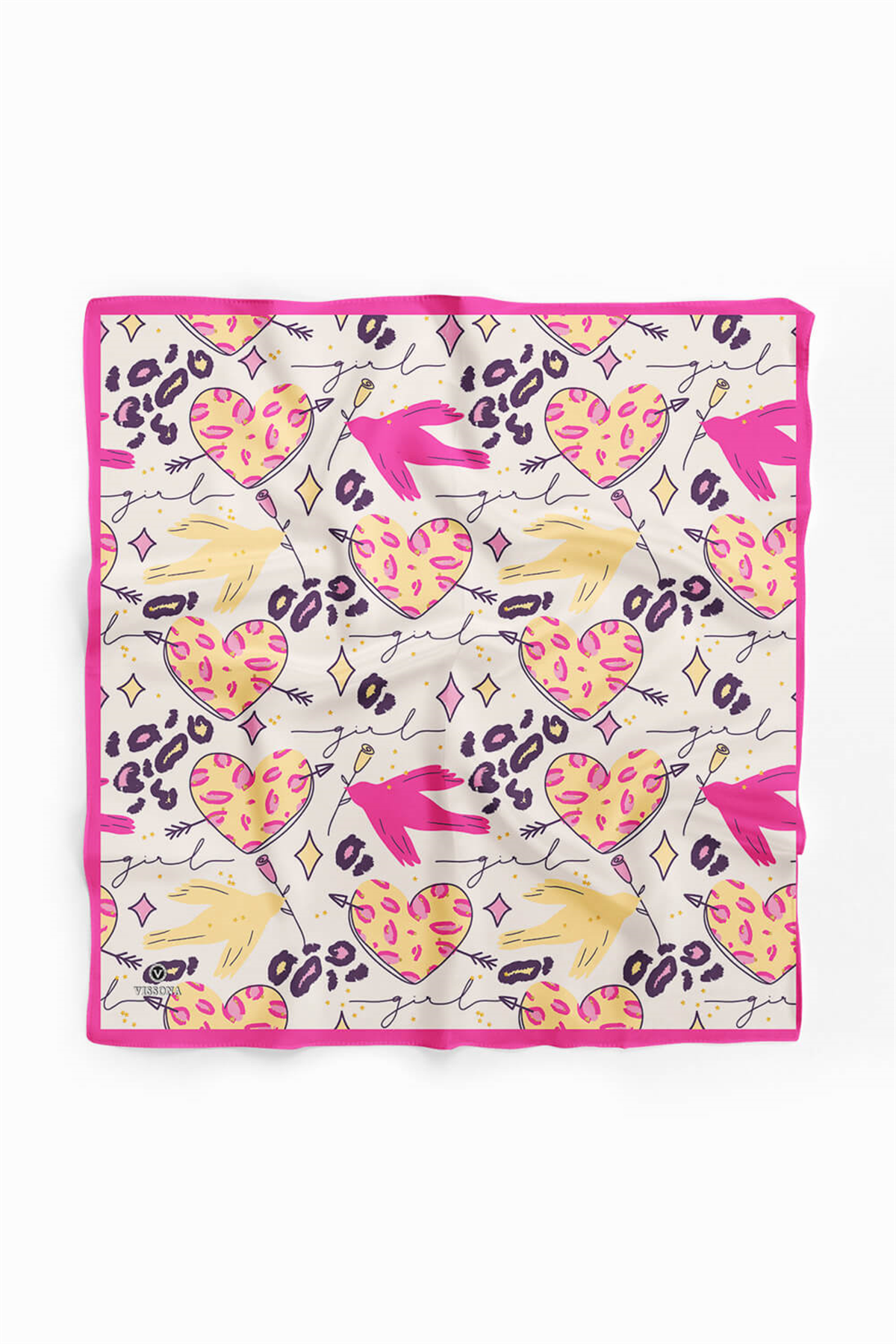 Saten İpek Kalp Desenli Kadın Bandana