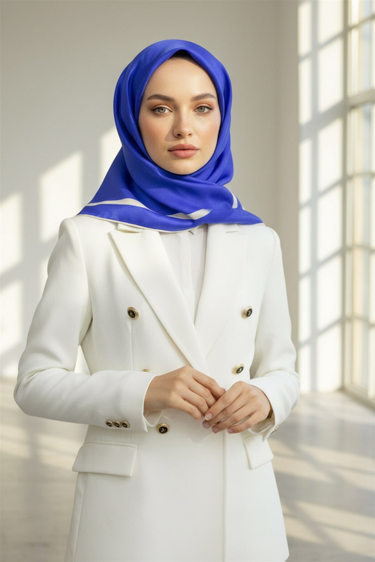 100% Twill İpek Düz Renk Bordür Desenli Saks - Krem Renkli Daha Tok Exclusive Serisi 90x90 Dikim Şekli : El Dikişi Eşarp