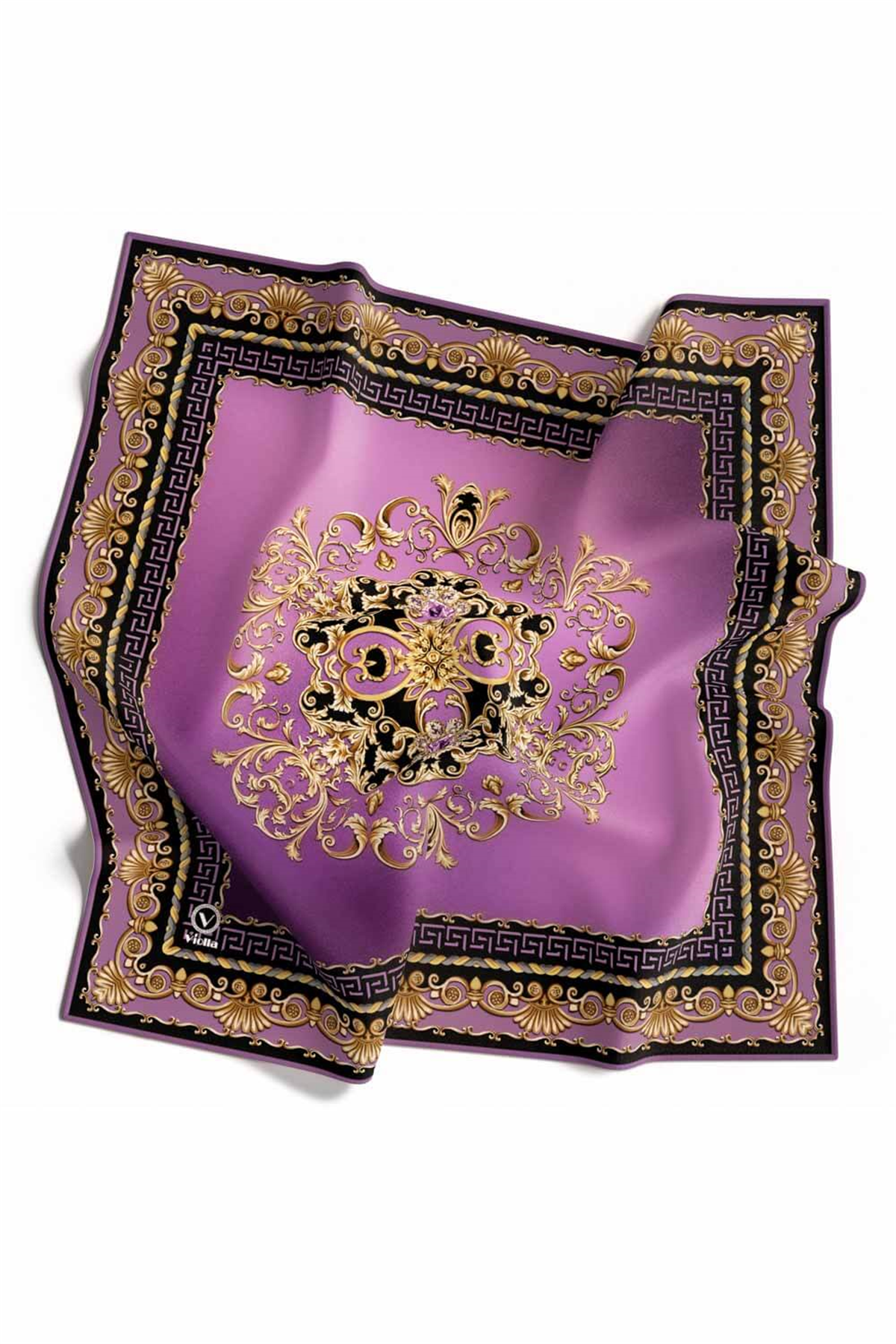 Twill Barok Desenli Lila Renkli 90x90 Eşarp (İpek İçermez) Dikim Şekli : El Dikişi