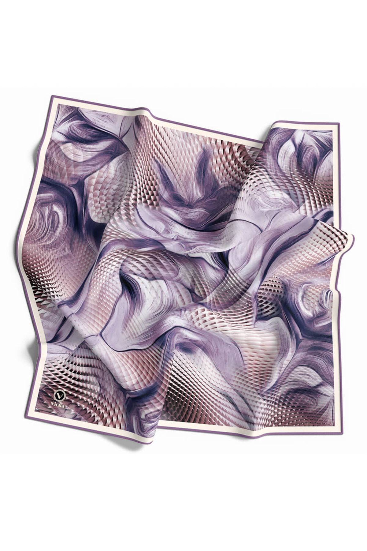 Twill Geometrik Ve Dalga Desenli Mor Renkli 90x90 Eşarp (İpek İçermez) Dikim Şekli : El Dikişi
