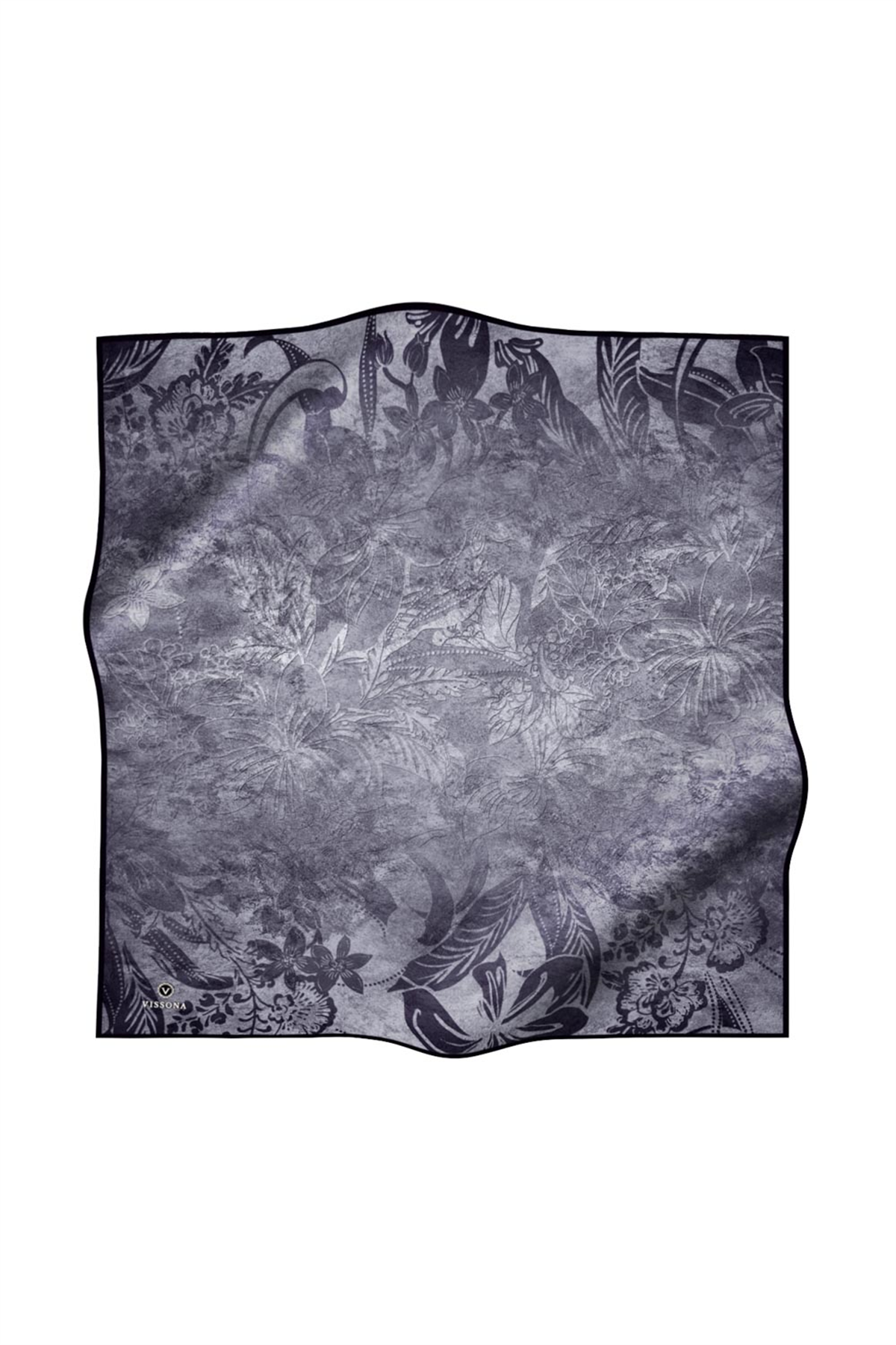 % 57 İpek % 43 Viskon Twill İpek Degradeli Yaprak  Desenli Gümüş Renkli 90x90 Eşarp Dikim Şekli : El Dikişi