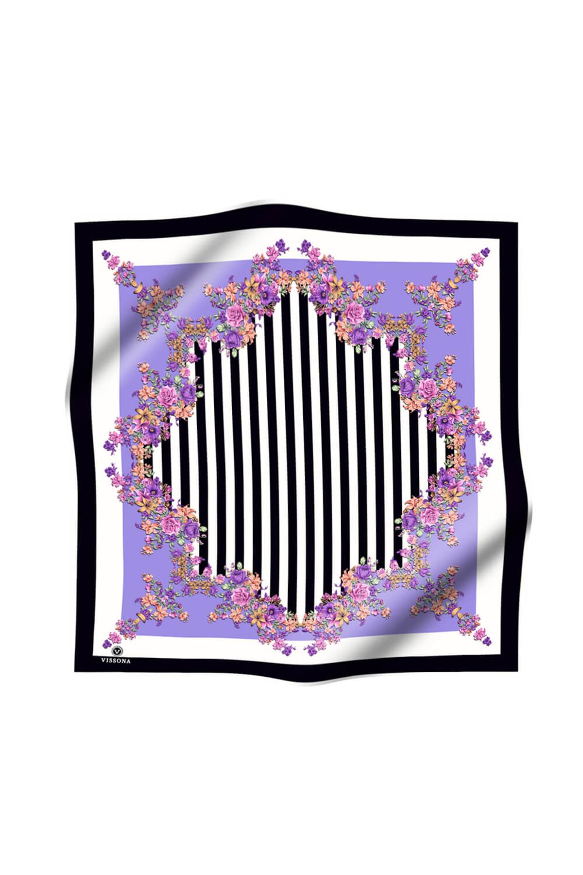 %100 Twill İpek Çıtır Çiçekli Ve Çizgi Desenli Siyah - Lila Renkli 90x90 Eşarp Dikim Şekli : El Dikişi