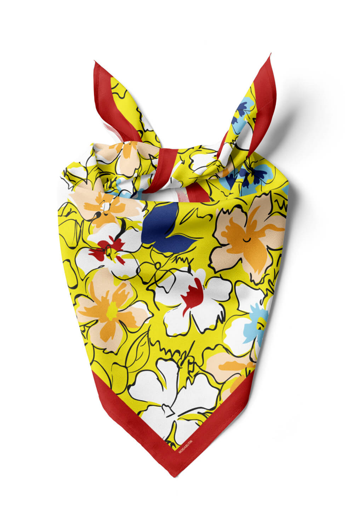 B109 Kadın Yaprak Desenli Bandana 50x50 Sarı Mavi DG0476-22