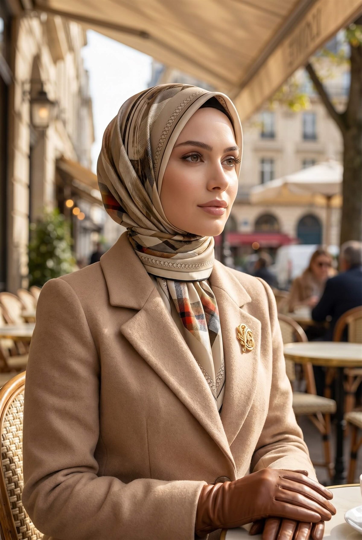 %100 Twill İpek Ekose Desenli Taş - Kırmızı Renkli 90x90 Eşarp Dikim Şekli : El Dikişi