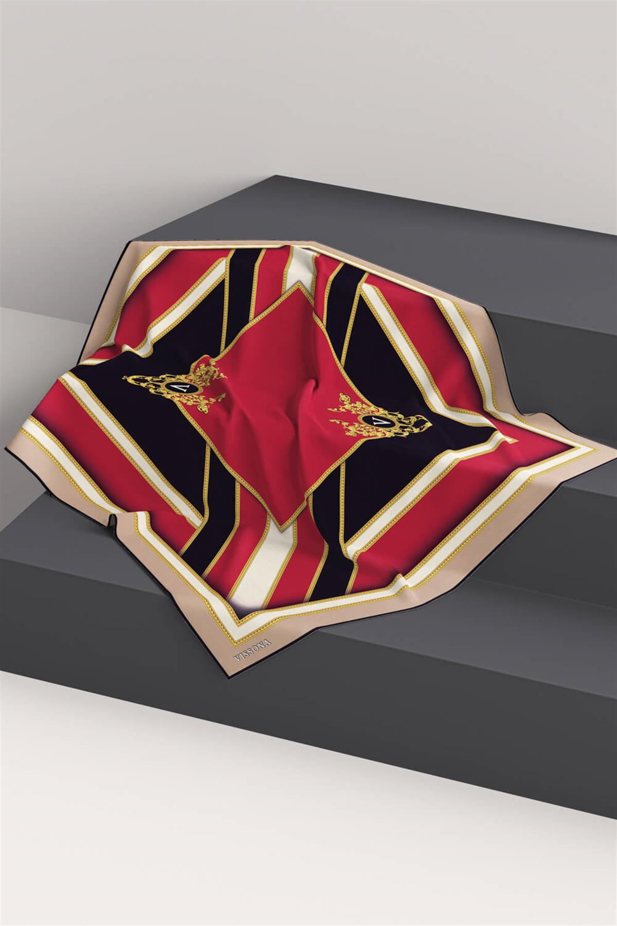 %100 Twill İpek Baroklu Ve Geometrik Desenli Bordo - Bej Renkli 90x90 Eşarp Dikim Şekli : El Dikişi