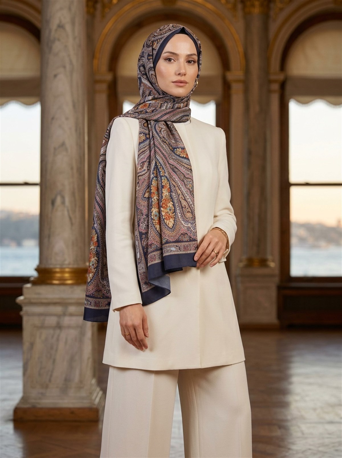 %100 İpek Etro Desenli Lacivert Renkli 92x210 Şal