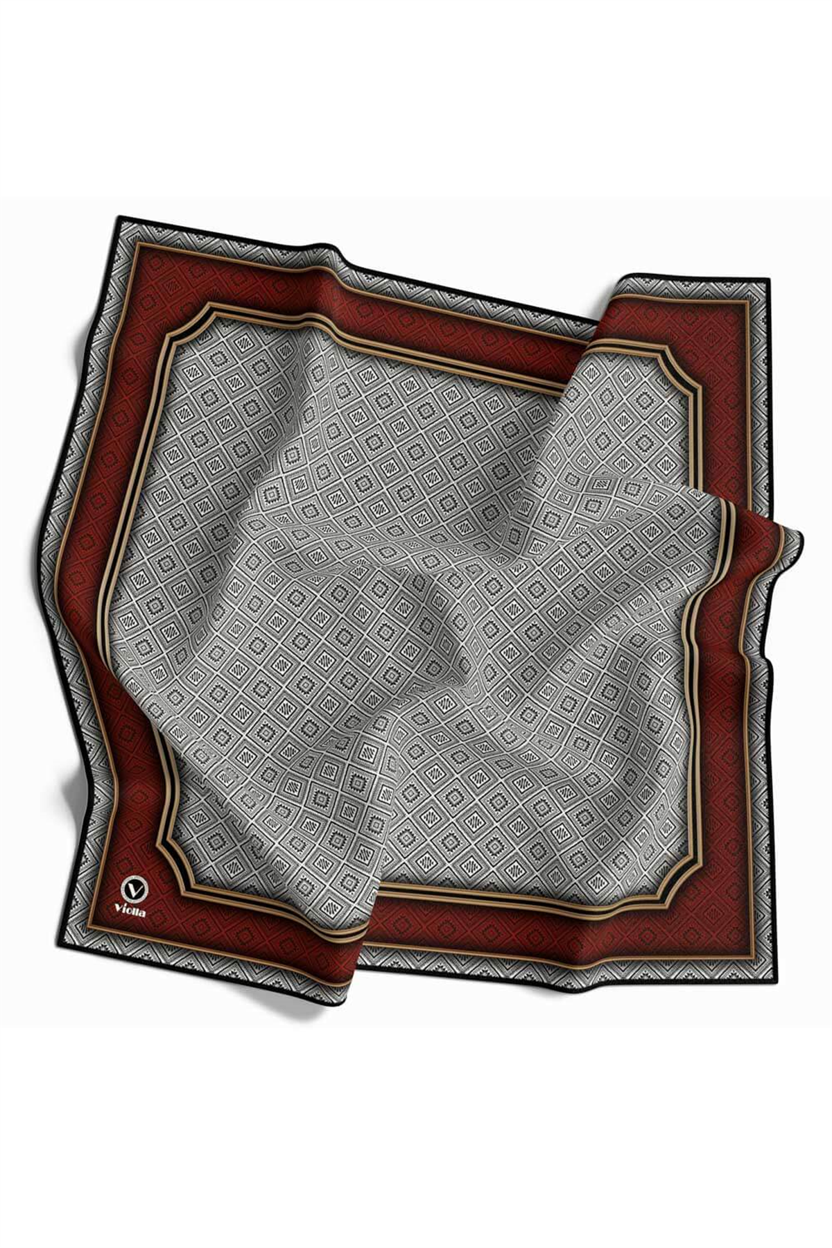 Twill Geometrik Çıtır Desenli Bordo Renkli 90x90 Eşarp (İpek İçermez) Kenar Dikiş Şekli El Dikişli