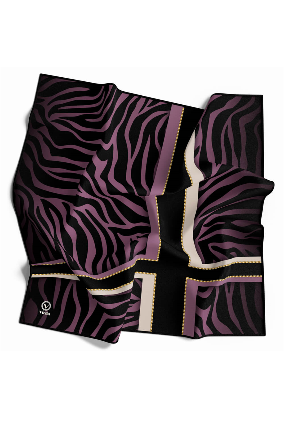 Twill Zebra Desenli Siyah - Lila Renkli 90x90 Eşarp (İpek İçermez) Dikim Şekli : El Dikişi