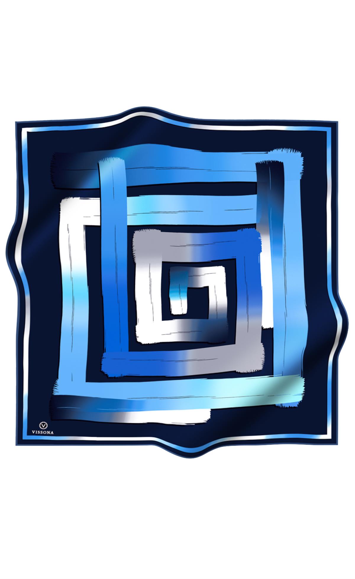 %100 Twill İpek Geometrik Fırça İzi Desenli Lacivert - Saks Renkli 90x90 Eşarp Dikim Şekli : El Dikişi