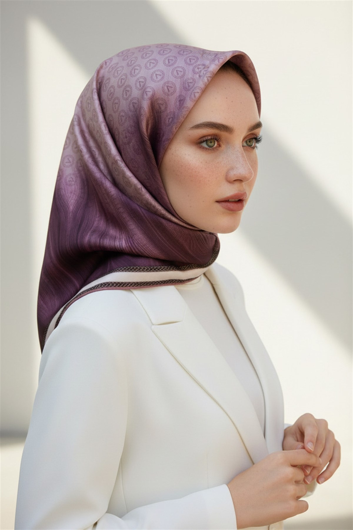 % 57 İPEK % 43 VİSKON Twill İpek Monogram Desenli Pudra Renkli 90x90 Dikim Şekli : El Dikişi Eşarp