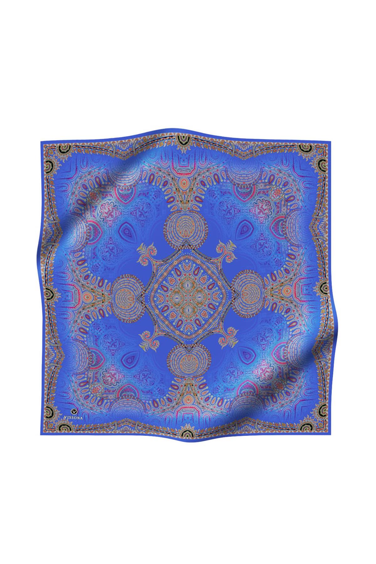 %100 Twill İpek Şal Desenli Saks Renkli 90x90 Eşarp Dikim Şekli : El Dikişi