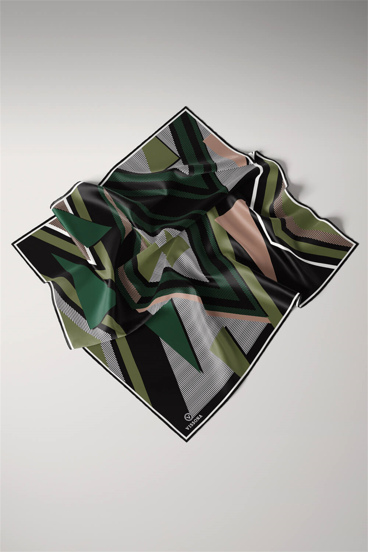 % 57 İPEK % 43 VİSKON Twill İpek Geometrik Desenli Haki - Siyah Renkli 90x90 Eşarp Dikim Şekli : El Dikişi