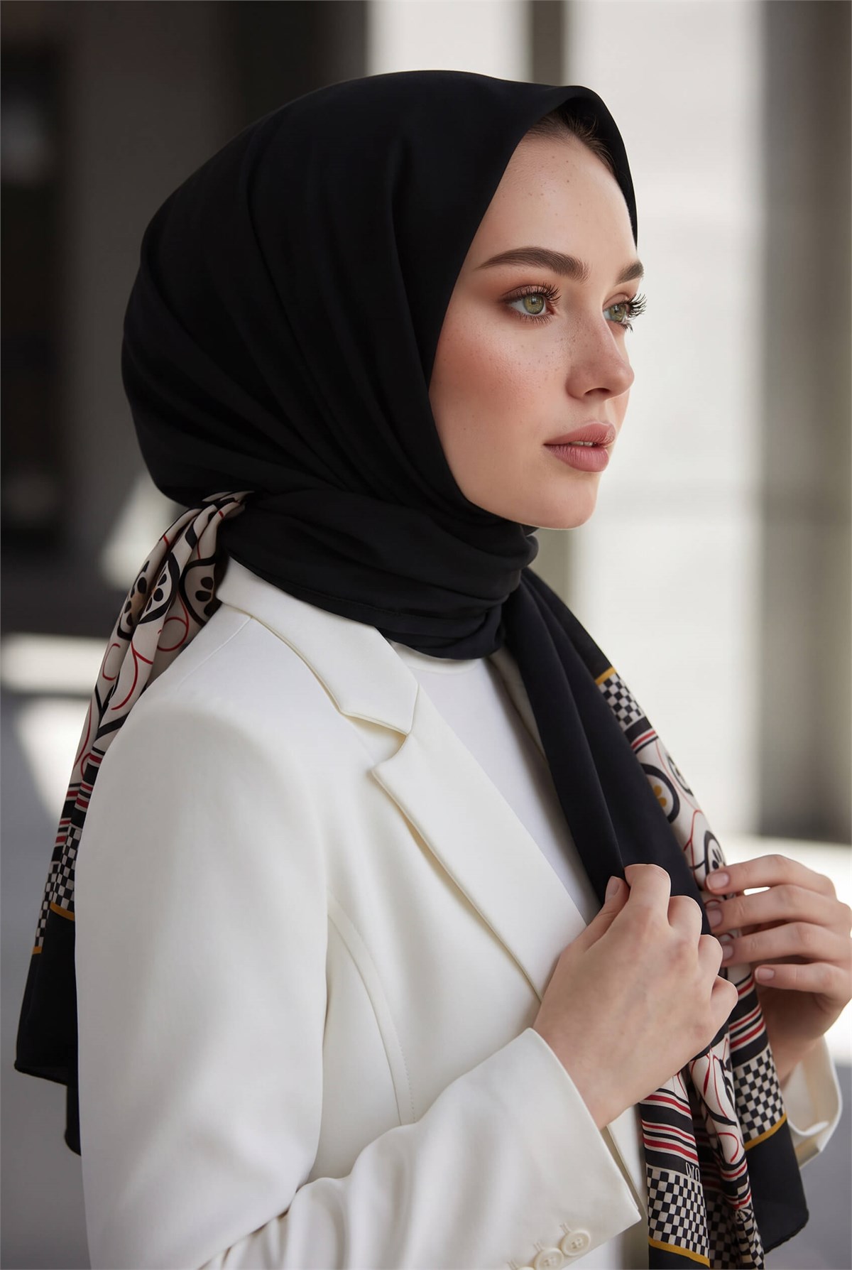 KREP KENAR MOTİFİ ÇİÇEK DESENLİ SİYAH RENKLİ 75X195 KIRIŞMAZ ŞAL