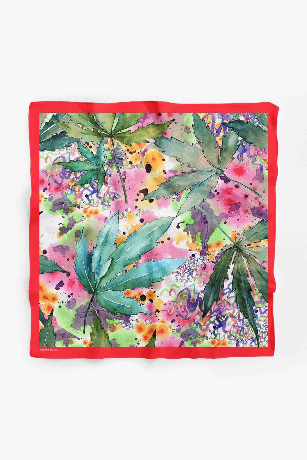 A74 Kadın Yaprak Desenli Bandana 50x50 Yeşil Pembe DG0455-22
