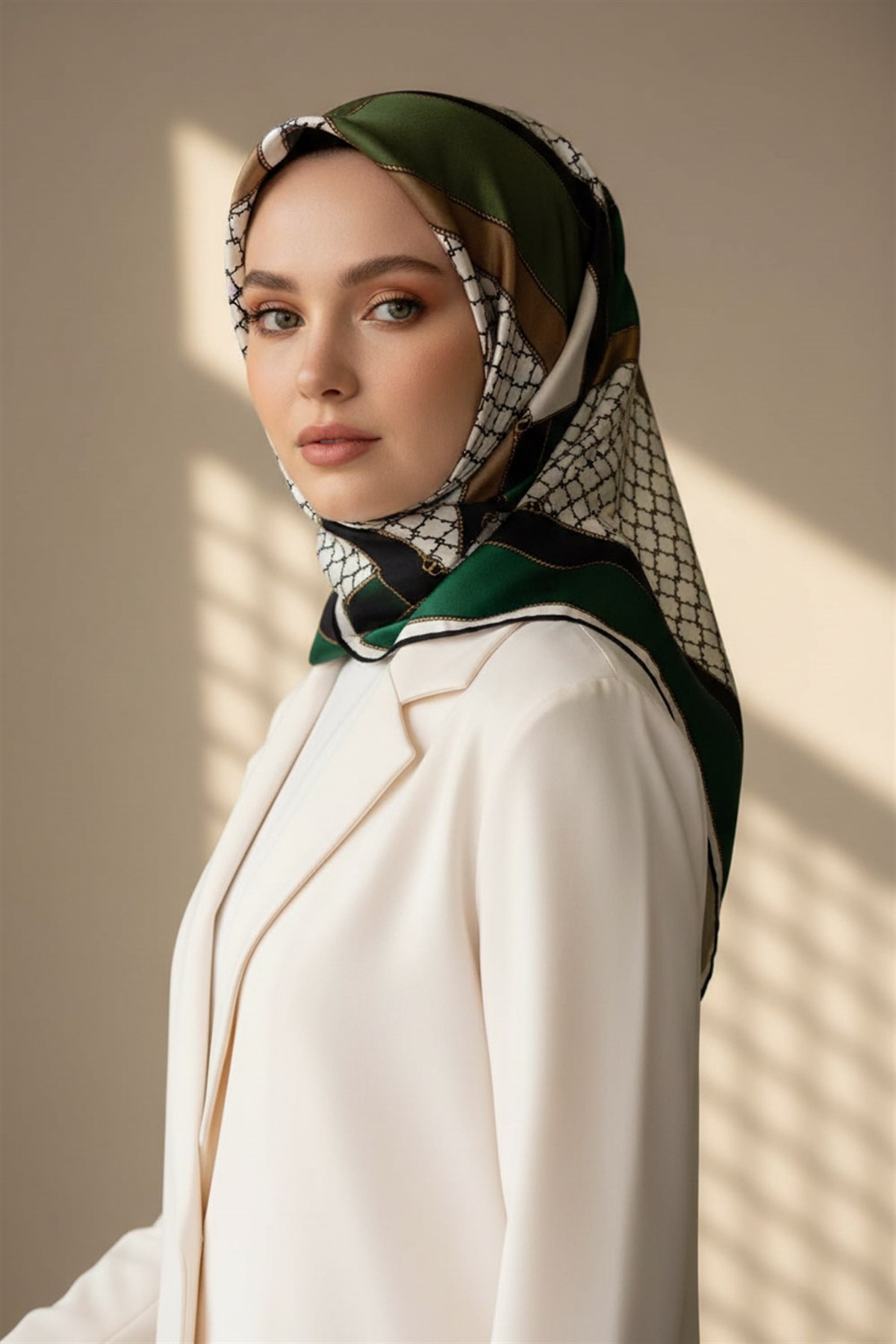 %100 Twill İpek Geometrik Desenli Zümrüt Yeşili - Siyah Renkli 90x90 Eşarp Dikim Şekli : El Dikişi