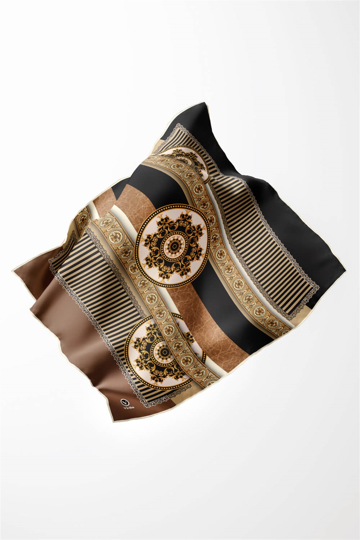Twill Çizgili ve Barok Desenli Bej Renkli 90x90 Eşarp (İpek İçermez) Kenar Dikiş Şekli El Dikişli
