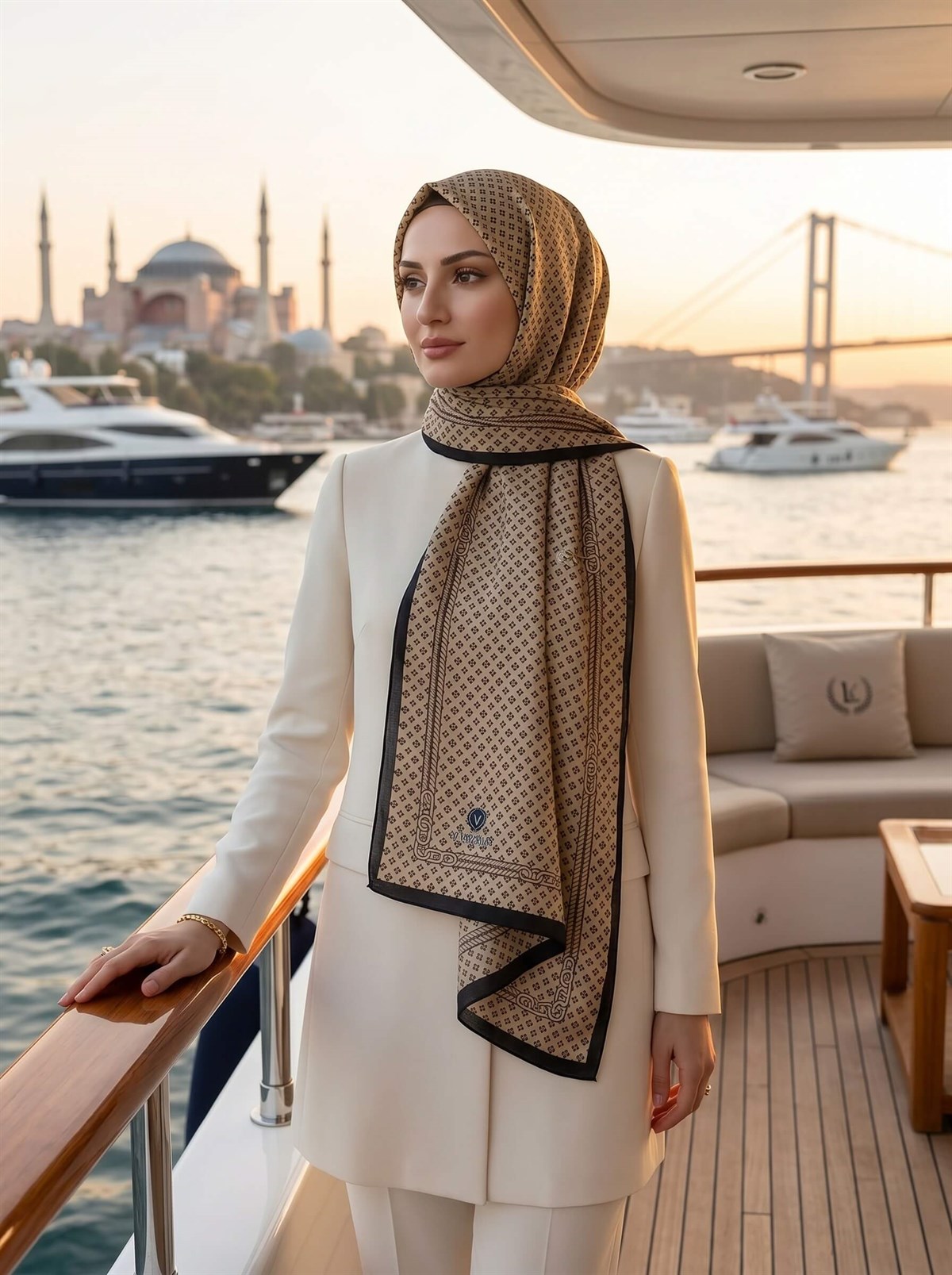 %100 Saf İpek Şal İnce Saten Vual Dokuma Zincir Desenli Bej - Siyah Renkli 90x210 Şal