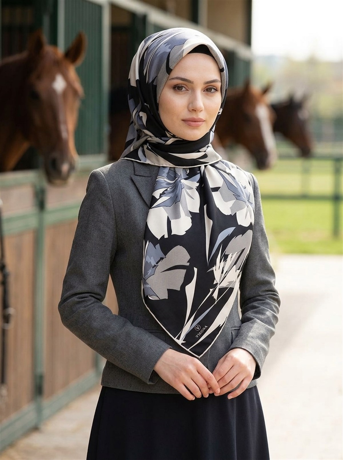 %100 Twill İpek Çiçek Desenli Siyah - Krem Renkli 90x90 Eşarp Dikim Şekli : El Dikişi