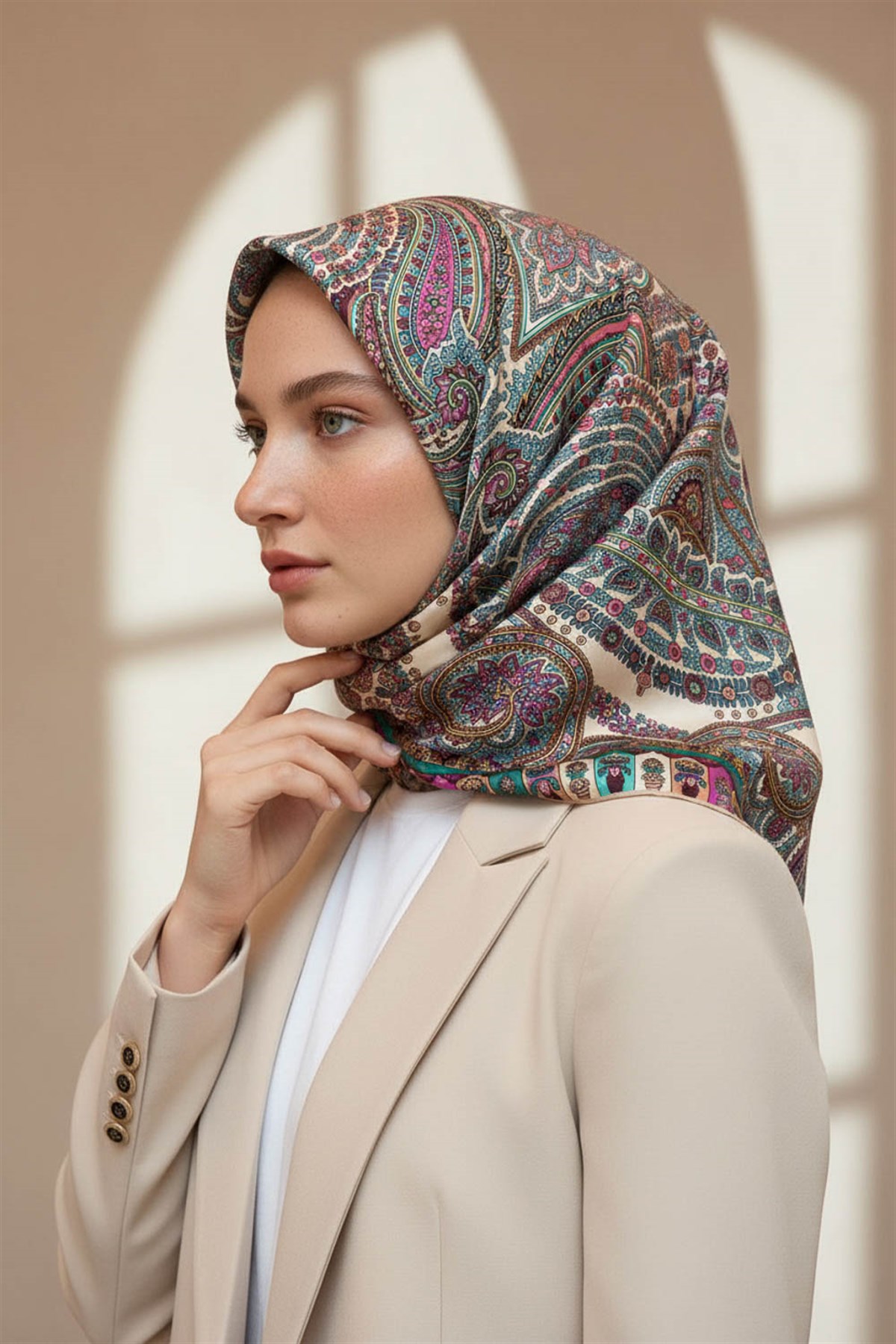 %100 Twill İpek Etro Desenli Vizon - İndigo Renkli 90x90 Eşarp Dikim Şekli : El Dikişi