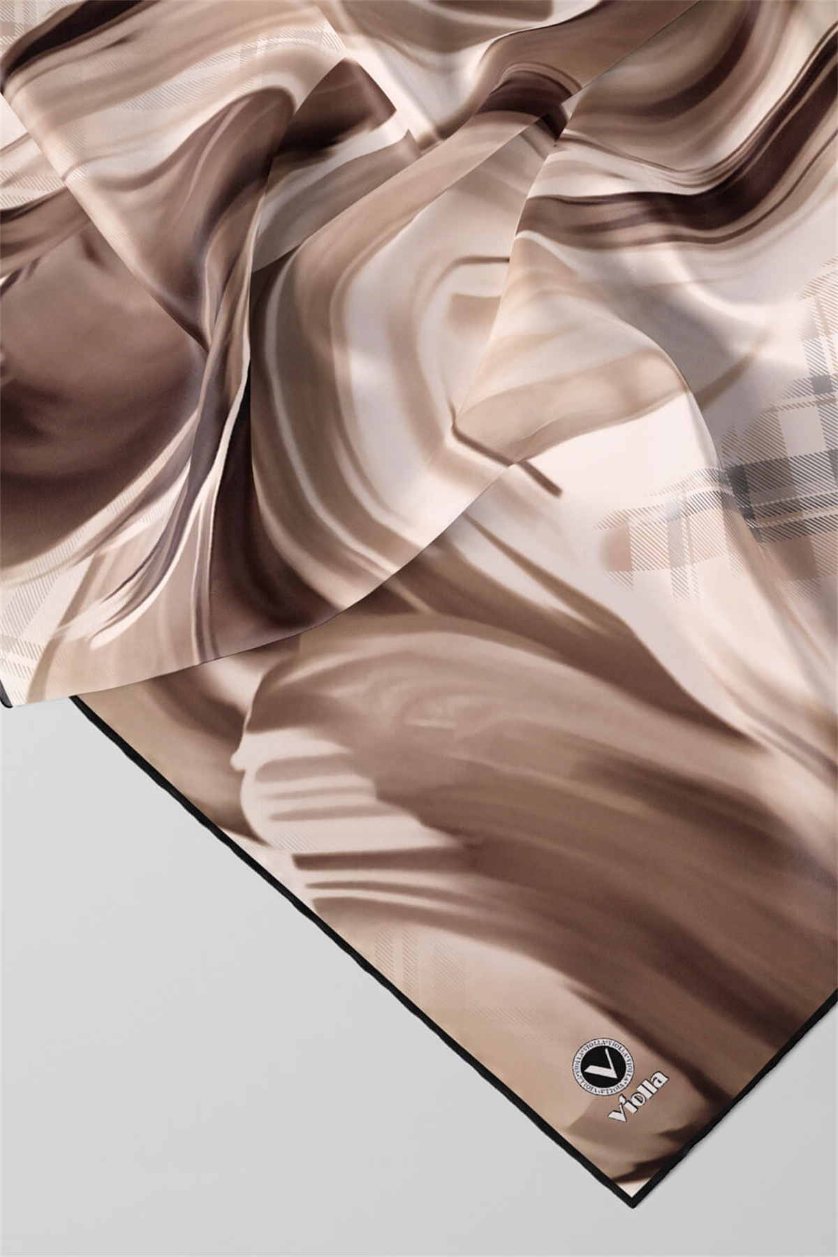 Twill Dalga ve Ekose Desenli Bej Renkli 90x90 Eşarp (İpek İçermez)Kenar Dikiş Şekli El Dikişli