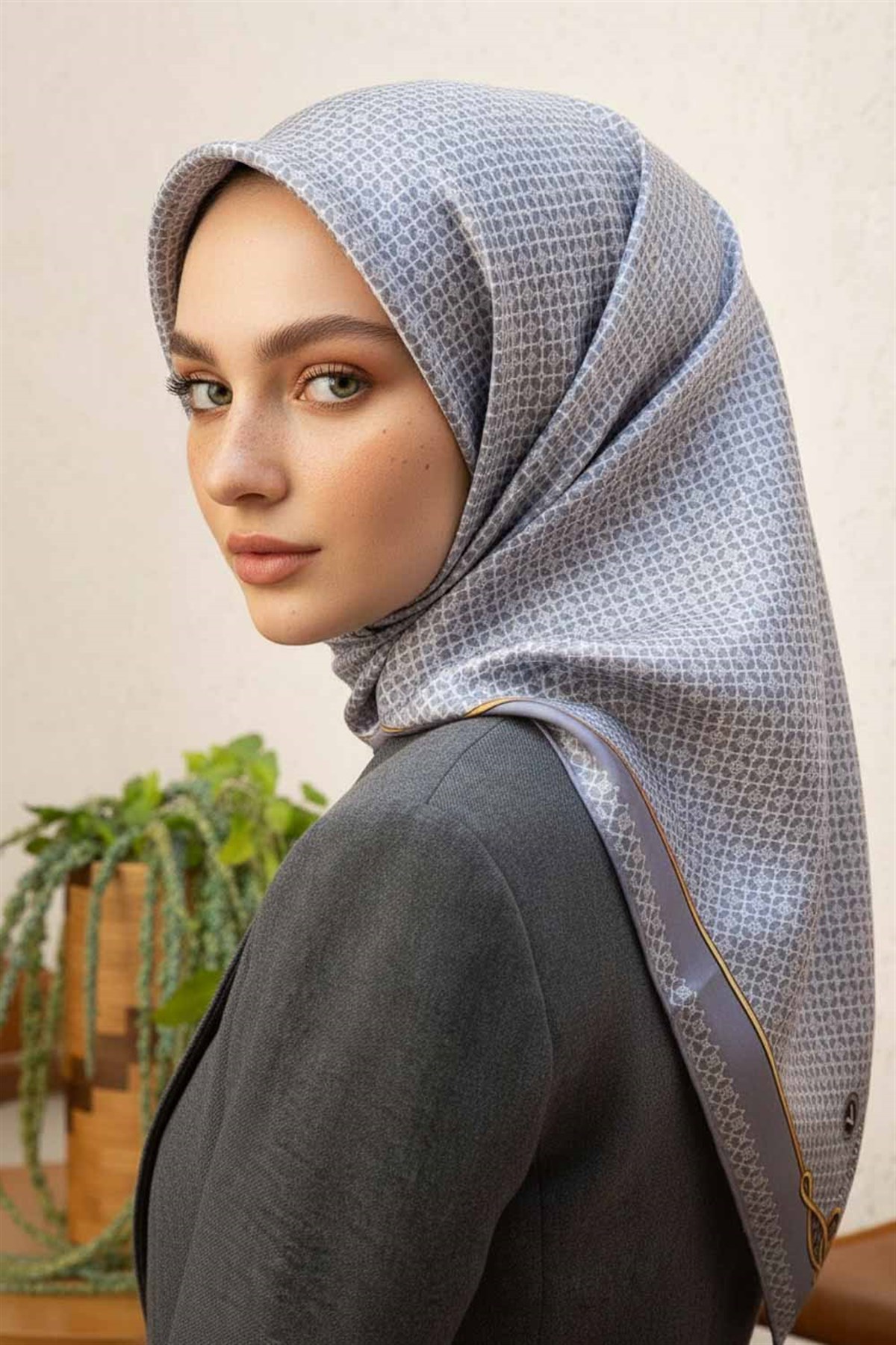 %100 Twill İpek Minik Motif Desenli Gri - Krem Renkli 90x90 Eşarp Dikim Şekli : El Dikişi